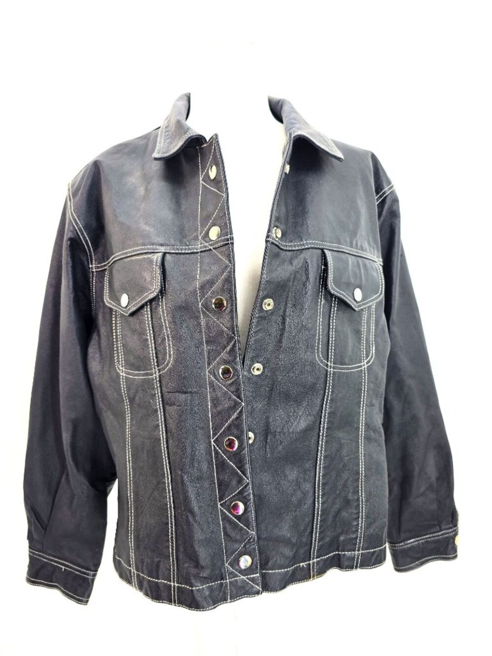 Forenza Black White Thick Stitch Moto Biker Oversized Leather Jacket Women L